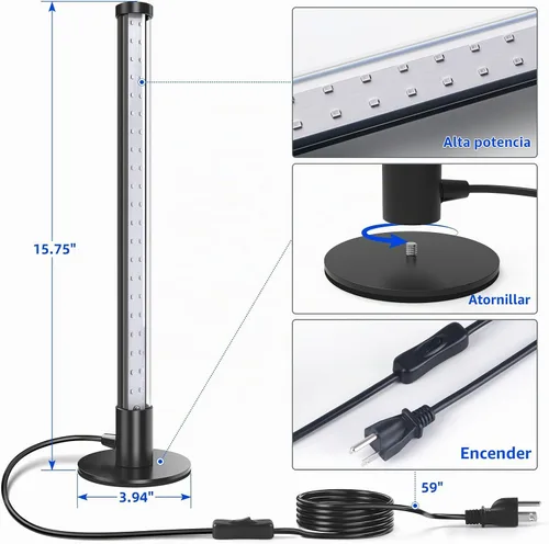 Vista 5 de Barrina Luces LED Negras, Lámpara de Luz Negra de Mesa Vertical de Pie T10, 14W, 385-400nm, Luz Negra LED de Escritorio de 1 Pie con Soporte e