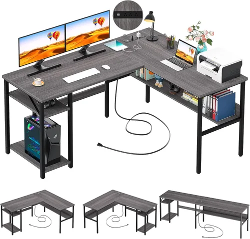 Vista 10 de Unikito Escritorio reversible en forma de L con tomas de corriente mágicas y puertos de carga USB, escritorio de esquina para computadora resistente