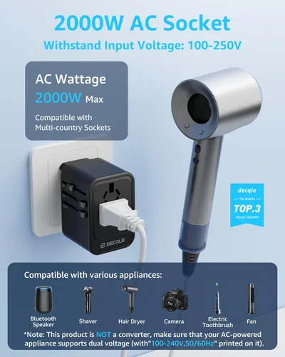Vista 2 de Adaptador de viaje universal, 2 USB-C y 1 USB-A, cubre más de 200 Negro