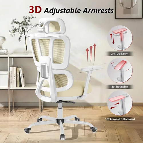 Vista 4 de Silla de oficina con respaldo alto, silla de escritorio de malla, silla ergonómica para computadora con reposacabezas, reposabrazos ajustables 3D