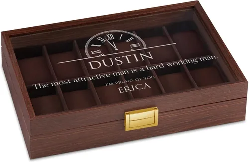 Vista 2 de Maverton Caja de reloj rectangular de madera para él - Tapa de cristal grabada transparente - Para 12 relojes - Para hombres elegantes - Cumpleaños
