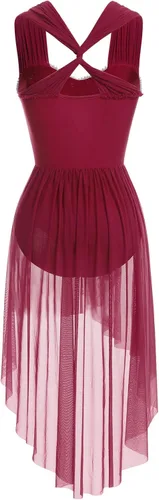Vista 5 de ODASDO Vestido de baile lírico para mujeres adultas, moderno, contemporáneo, con lentejuelas, tul de malla, falda alta y baja, ropa de baile