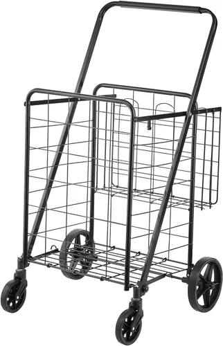 Vista 9 de VEVOR Carrito de compras plegable, carrito de comestibles jumbo con cestas dobles, ruedas giratorias de 360°, carrito utilitario resistente, carrito