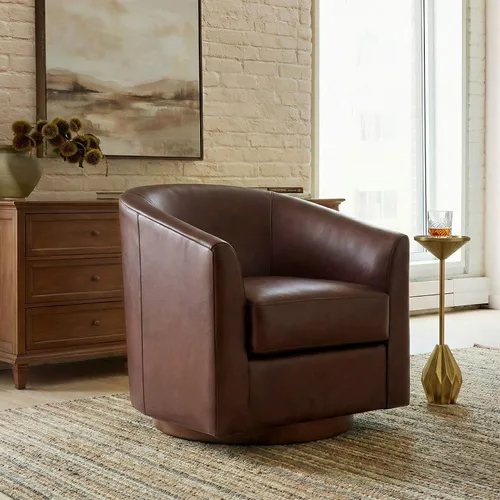 Vista 20 de HULALA HOME Silla giratoria de cuero genuino con base de madera maciza Beige