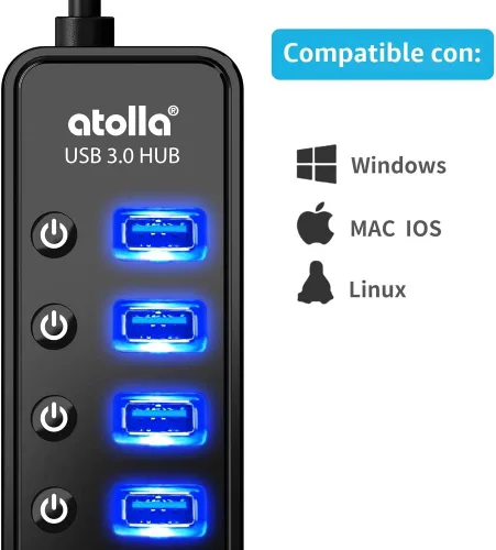 Vista 4 de Hub USB 3.0 alimentado, divisor de concentrador de datos USB de 7 puertos Atolla con un puerto de carga inteligente e interruptores individuales