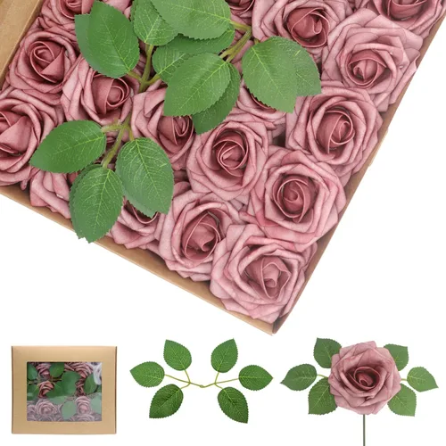 Vista 33 de 25 rosas realistas negras, flores artificiales de espuma de látex con tallos flexibles y 8 hojas para decoración de bodas, hogar y fiestas Negro