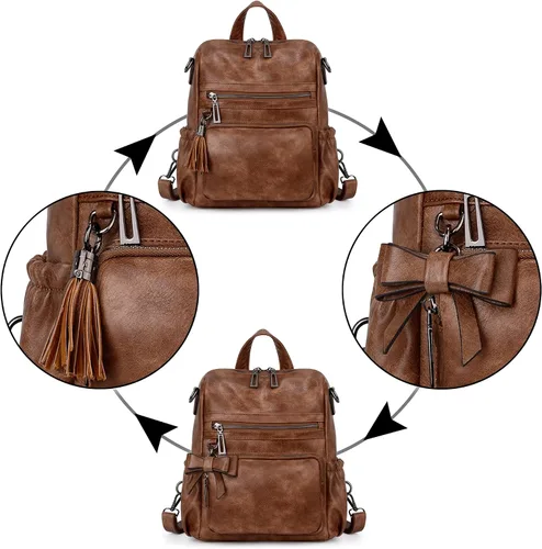 Vista 4 de UTO Mochila de cuero vegano para mujer, diseño de moda, convertible con borla, para viajes, con borla