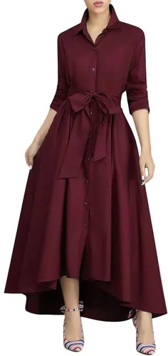 Vista 9 de VERWIN Vestido largo de manga larga para mujer, holgado, elegante, con botones, con bolsillos y cinturones