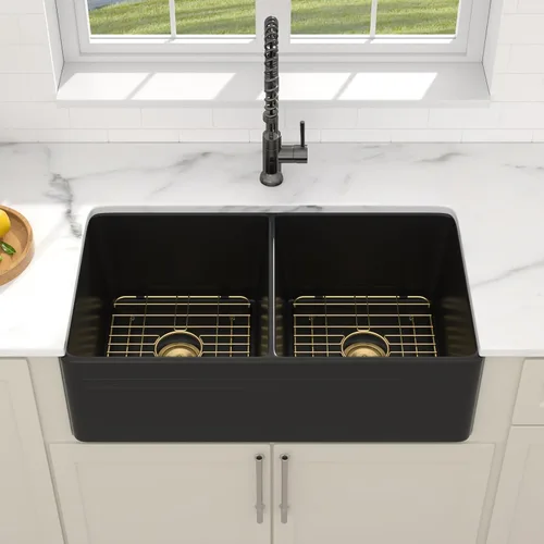 Vista 9 de Dcolora Fregadero de porcelana de cerámica negra de 33 pulgadas, fregadero de cocina frontal con delantal de arcilla refractaria con accesorios