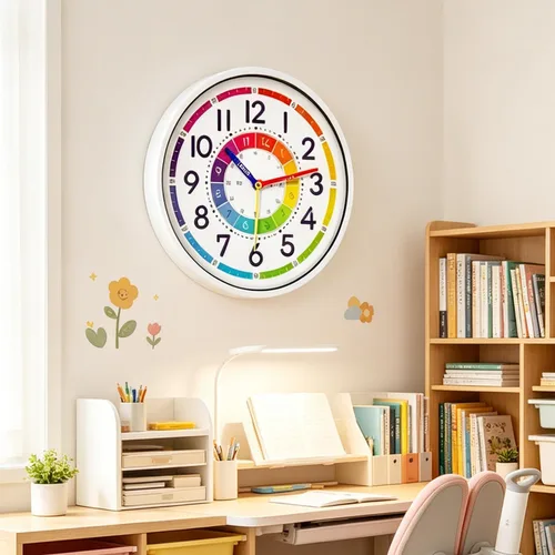 Vista 8 de Reloj de pared para niños, reloj de pared silencioso de 12 pulgadas para niños, reloj de pared decorativo de cuarzo silencioso sin tictac para aulas