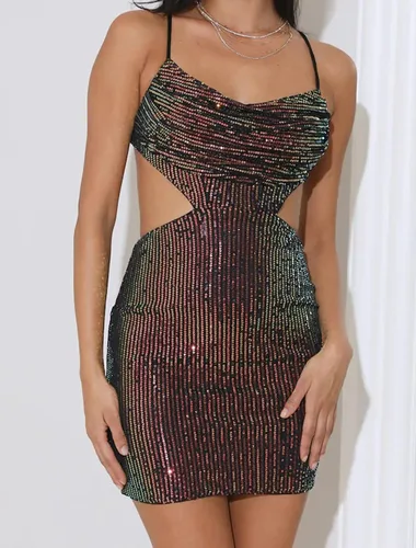 Vista 3 de Minivestido de lentejuelas con cuello vuelto para mujer