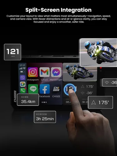 Vista 3 de CHIGEE AIO-5 EVO - Sistema de conducción inteligente para motocicleta, CarPlay inalámbrico y Android Auto, doble cámara de salpicadero delantera