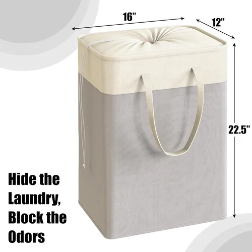 Vista 2 de Simple Houseware Cesta plegable para ropa sucia de 75 L, cesta rectangular de algodón con cierre de cordón y asas, color gris