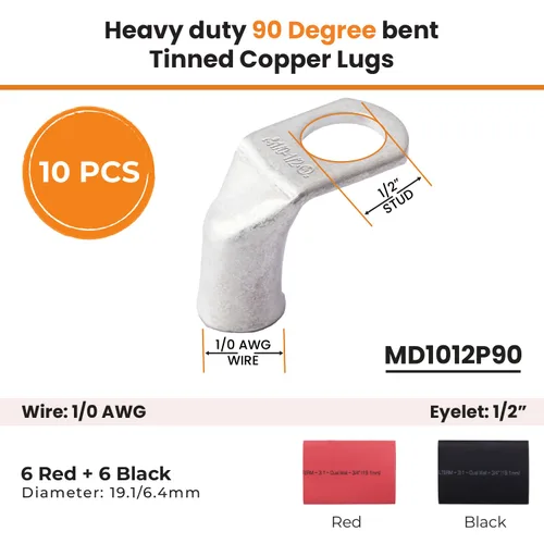 Vista 2 de SELTERM 10 piezas - 1/0 AWG 1/2" pasador - lengüetas de batería dobladas a 90° - conectores de terminal de anillo con 12 piezas de tubo Tapones