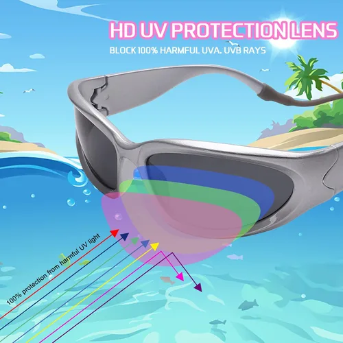 Vista 3 de GUVIVI Gafas de sol para niños con correa envolvente, gafas de sol futuristas para niños y niñas, persianas ovaladas de 4 a 12 años