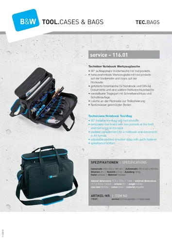 Vista 5 de B&W International TUC-11601 Technician - Bolsa de herramientas con palets de bolsillo, color negro