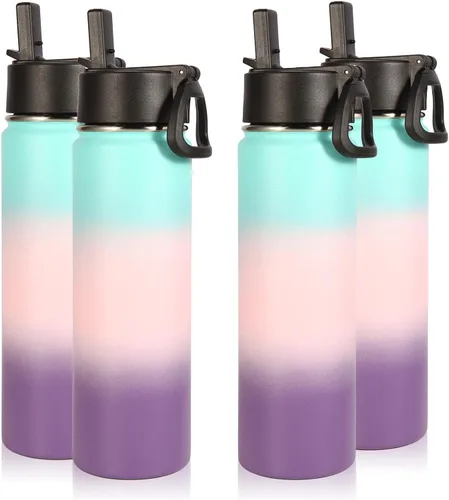 Vista 25 de Volhoply Botellas de agua aisladas de 22 onzas con tapa con popote, botella deportiva de acero inoxidable con asa, vasos de agua de viaje de metal