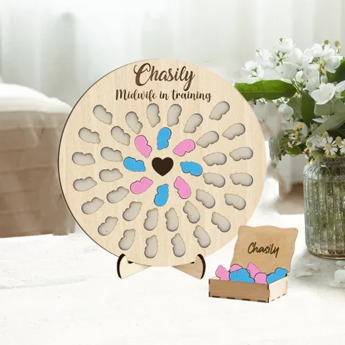 Vista 13 de Contador de nacimiento personalizado para estudiantes partera con 50 espacios para bebés, tablero de madera en forma de corazón
