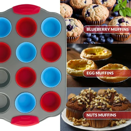 Vista 8 de Boxiki Kitchen Baking Duo: Mini Molde para Muffins de 12 tazas con revestimientos de silicona y silicona antiadherente 8x8 Square Cake and Brownie