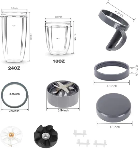 Vista 4 de Piezas de repuesto para NutriBullet, 2 tazas, hoja extractora, 2 tapas resellables, 2 juntas, 2 engranajes, 3 almohadillas de choque, anillo