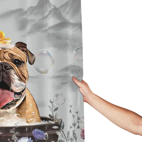 Vista 6 de jamie world Cortina de ducha de granja en blanco y negro, divertida cortina de ducha floral de bulldog para baño, cortina de ducha de animales, tela