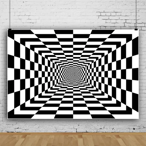 Vista 2 de Telón de fondo de vórtice a cuadros blanco y negro de 5 x 3 pies para fotografía, fondo abstracto 3D de túnel sin fin para decoración de fiesta