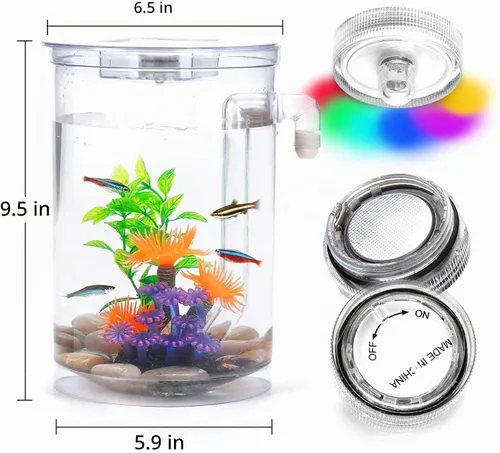 Vista 4 de Betta Fish Tank, acuario 360 con luz LED, pecera de 1 galón, kit de iniciadores de pecera pequeña, limpieza automática de tanque de peces beta como