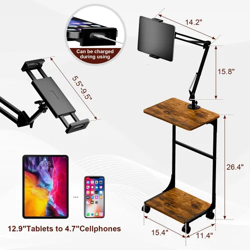 Vista 5 de Soporte de piso para tableta Kindle iPad con mesa auxiliar en forma de C, altura de ángulo ajustable, soporte para iPad Tablet Kindle para cama