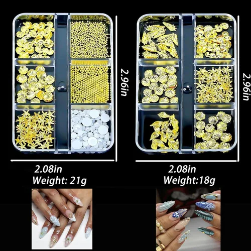 Vista 2 de COOSLIM 2 cajas de aretes de acero para verano, perlas de metal, gemas para uñas, conchas doradas, estrellas de mar, aleación de caballito de mar