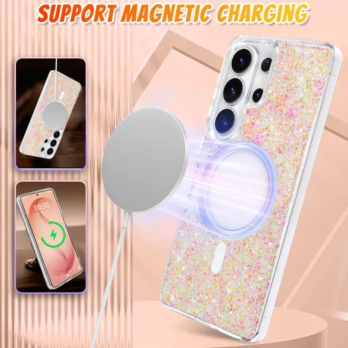 Vista 249 de Bonoma - Funda compatible con Samsung Galaxy S21 Plus, diseño de corazón con purpurina, color rosa Support for MagSafe, Plating Magnetic Case TPU