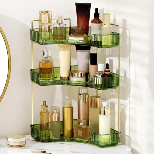 Vista 13 de Organizador de esquina para encimera de baño, estante de baño, organizador de maquillaje para tocador, bandeja de perfume para almacenamiento en Azul