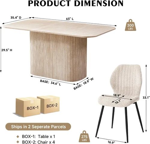 Vista 2 de Juego de 4 mesas de comedor grandes de 63 pulgadas para 4, esquinas redondeadas, mesa de cocina rectangular moderna de madera con sillas Boucle