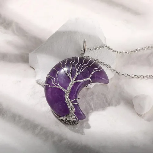 Vista 4 de Jeulia Collar de piedra de cristal curativo colgante de luna creciente envuelto en alambre de árbol de la vida, piedra preciosa natural, cristal