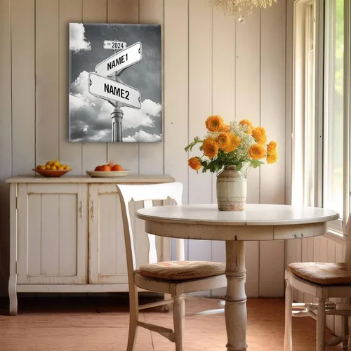 Vista 5 de Lienzo de letrero de calle vintage personalizado para parejas, nombre y fecha personalizados con tema de nube en blanco y negro, regalo de boda