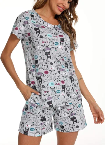 Vista 4 de ENJOYNIGHT - Conjunto de pijama estampado de camiseta y pantalones cortos con bolsillos para mujer
