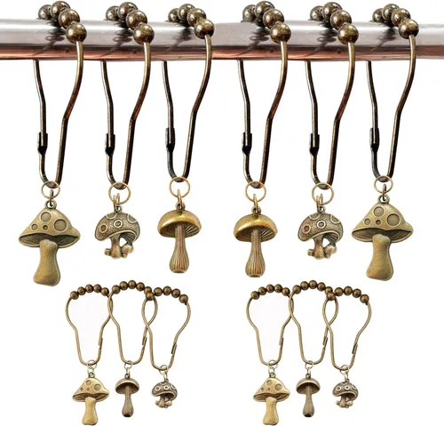 Vista 8 de Ganchos de cortina de ducha con forma de hongo, 12 piezas de metal resistente a la oxidación, lindos ganchos de cortina de ducha retro