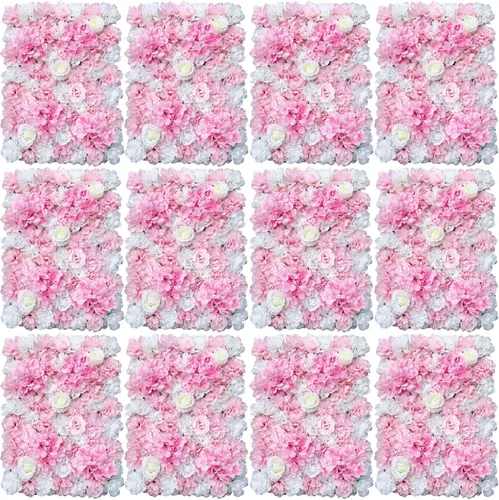 Vista 14 de Paneles de pared de flores 3D, 12 paneles de pared de flores artificiales, rosas de seda, fondo de pared de flores sintéticas decorativas