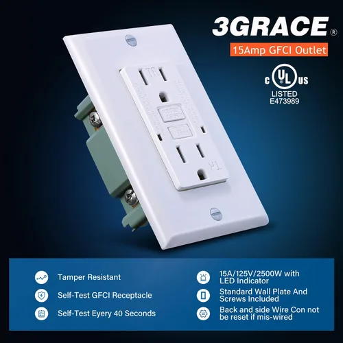 Vista 2 de 3GRACE - Salida GFCI de 15 amperios, receptáculo GFI resistente a manipulaciones con indicador LED, interruptor de circuito de fallo a tierra