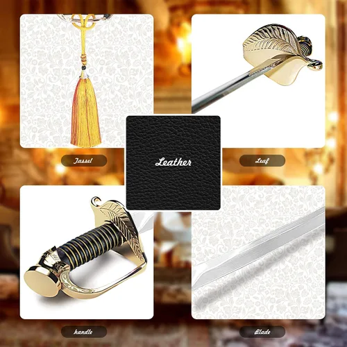 Vista 4 de Sable de champán con mango dorado y caja de regalo de madera, abridor de champán de espada pirata, cuchillo de vino espumoso, cuchillo de champán