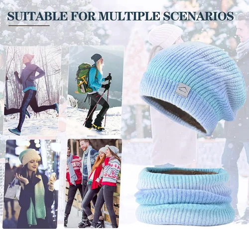 Vista 6 de Conjunto de bufanda de gorro de invierno para mujer a la moda con forro polar grueso de punto con calavera para clima frío