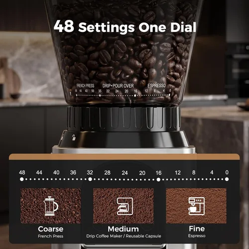Vista 11 de Molinillo de granos de café con 48 ajustes, temporizador de 40 Plateado