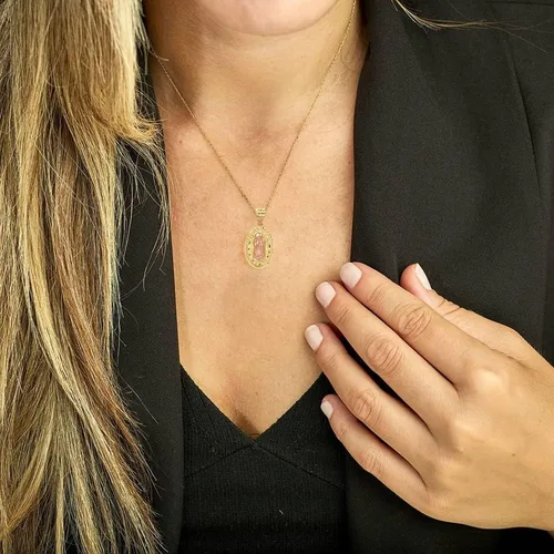 Vista 3 de Collar con dije de medalla ovalada de oro amarillo y rosa de 14 quilates con dos tonos de Nuestra Señora de Guadalupe Miraculous Immaculate