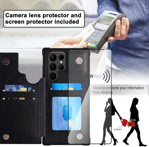 Vista 4 de VANAVAGY Funda tipo cartera compatible con Galaxy S22 Ultra con soporte para tarjetas de bloqueo RFID, de piel sintética, cierre magnético, función