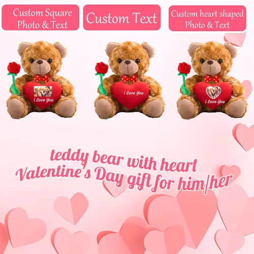Vista 2 de Oso de peluche personalizado con foto y texto personalizado en el corazón, oso de peluche de San Valentín con lazo y rosa como regalo Im Sorry