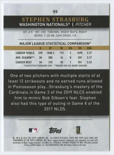 Vista 2 de 2020 Topps Gold Label Class 1#99 Stephen Strasburg NM-MT Washington Nationals Baseball Trading Card