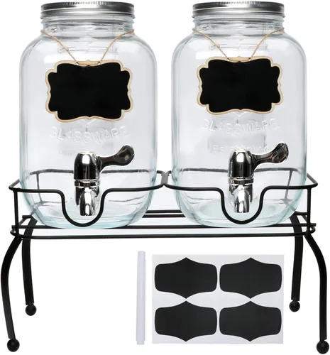 Vista 10 de Accguan Dispensador de bebidas de 1 galón, dispensador de agua de vidrio con tapa de lata negra y grifo de acero inoxidable negro, marco de hierro
