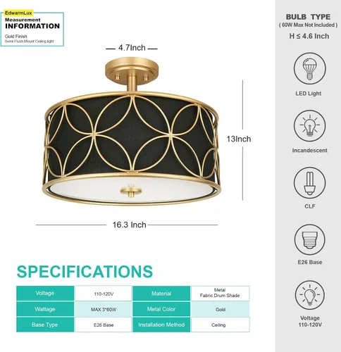 Vista 5 de Edwarmlux Lámpara de techo semiempotrada de 3 luces, luz de tambor de 16 pulgadas con pantalla de tela, moderna lámpara de techo para sala de estar