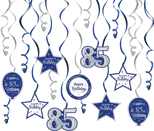 Vista 45 de Decoración de fiesta de serpentinas con purpurina azul y plateada de feliz 11º cumpleaños, 15 piezas de remolinos colgantes de 11 cumpleaños, cartel