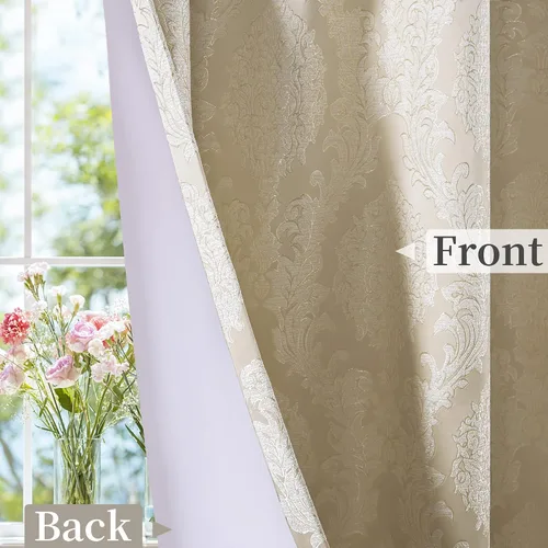 Vista 5 de Loom and Mill - Cortinas de lujo de jacquard para dormitorio, cortinas de damasco beige de 2 paneles con alzapaños, elegante cortina de ventana