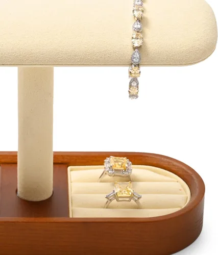 Vista 7 de Oirlv Soporte de reloj de madera maciza con barra en T, organizador para hombres y mujeres, soporte de exhibición de joyas, anillos, aretes, collar